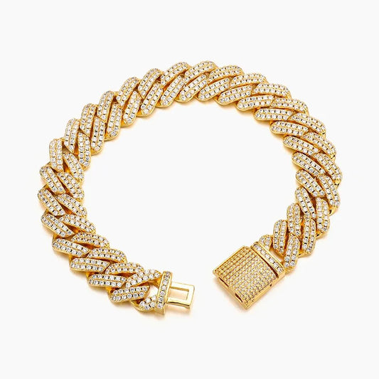 12MM Diamond Prong Cuban Bracelet - Gold