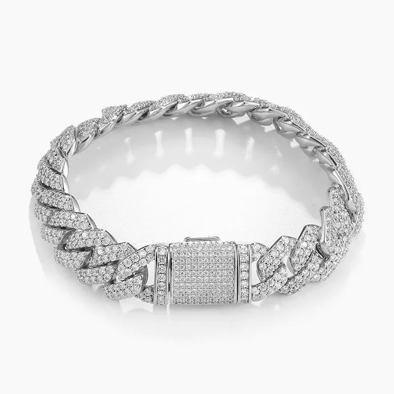 14MM Diamond Prong Cuban Bracelet - White Gold