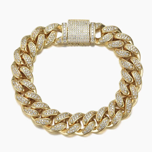 12MM Iced Cuban Link Bracelet - Gold