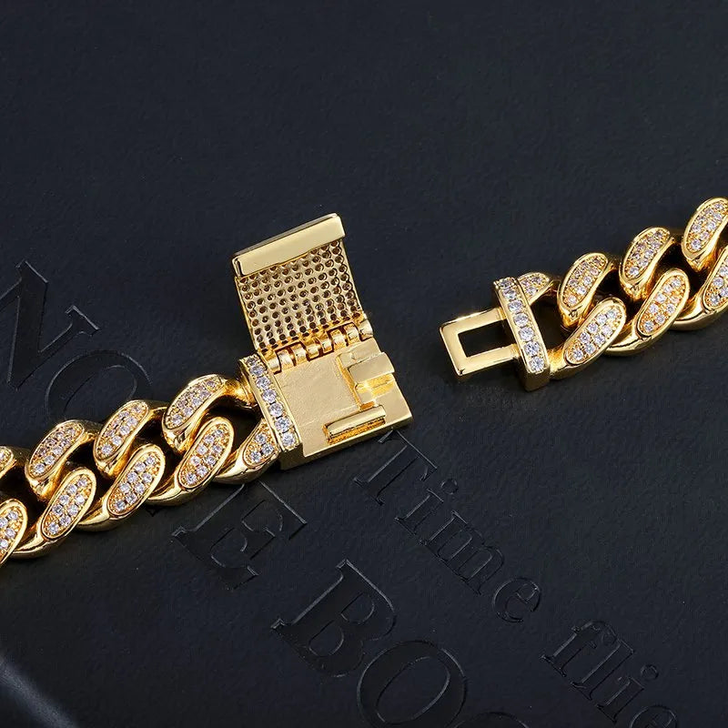 12MM Iced Cuban Link Bracelet - Gold