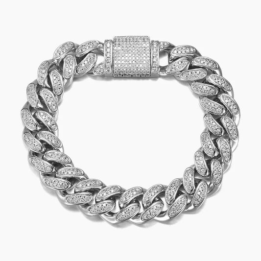 12MM Iced Cuban Link Bracelet - White Gold