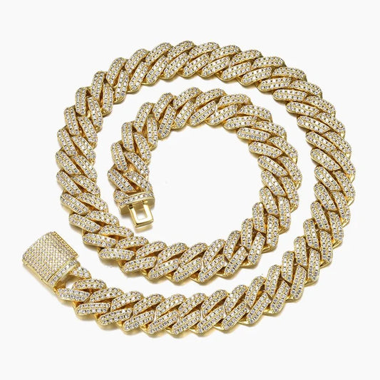 12MM Diamond Prong Cuban Chain - Gold