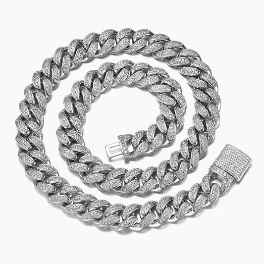 12MM Iced Cuban Link Chain - White Gold