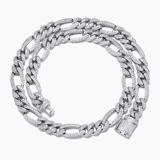 10MM Diamond Figaro Cuban Link Chain - White Gold