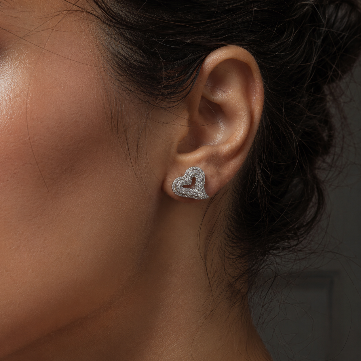 PAVE SET HEART STUD EARRINGS - SILVER