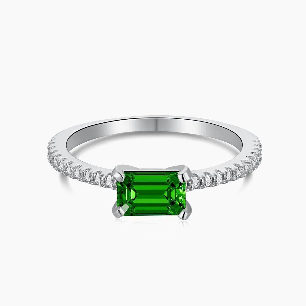 Emerald Single Diamond Baguette Ring - White Gold