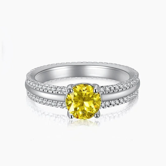 Yellow Double Row Diamond Ring - White Gold