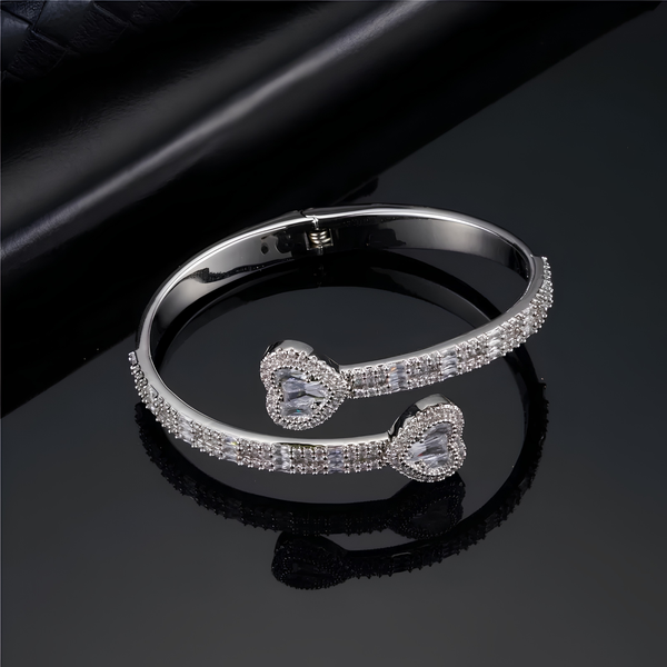 6MM ICED BAGUETTE HEART CUFF BRACELET - SILVER
