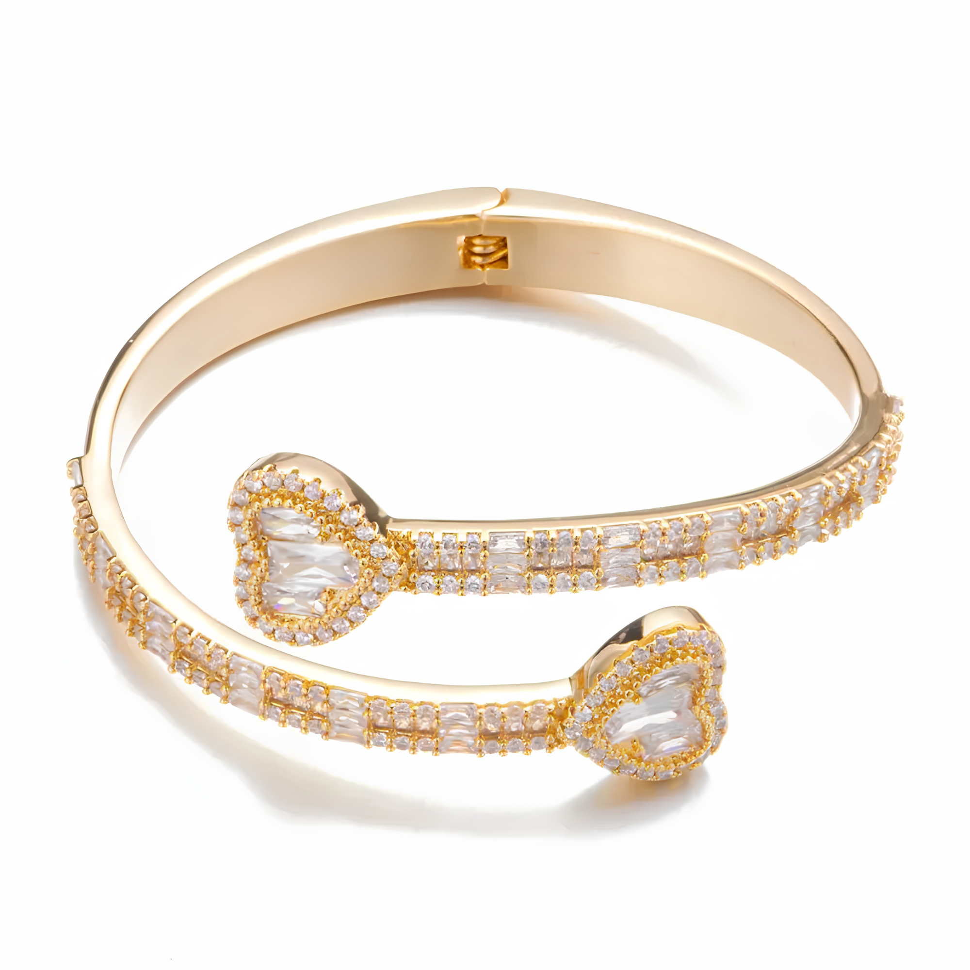 6MM ICED BAGUETTE HEART CUFF BRACELET - GOLD