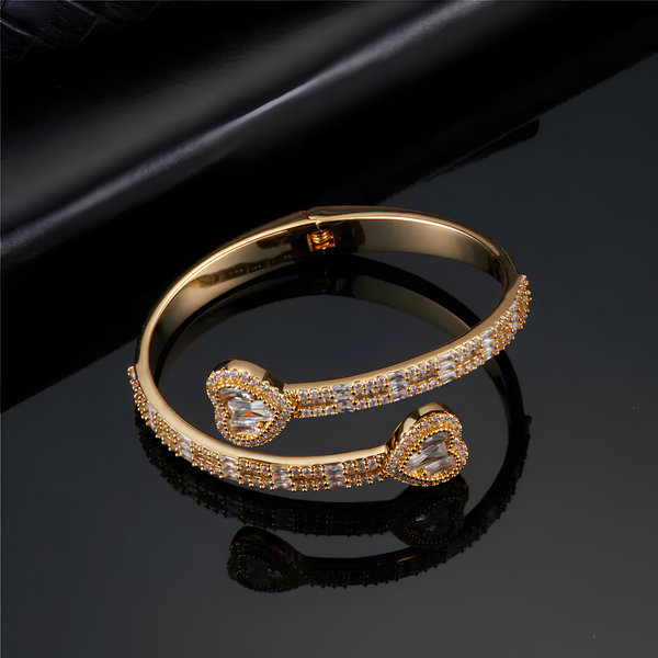 6MM ICED BAGUETTE HEART CUFF BRACELET - GOLD